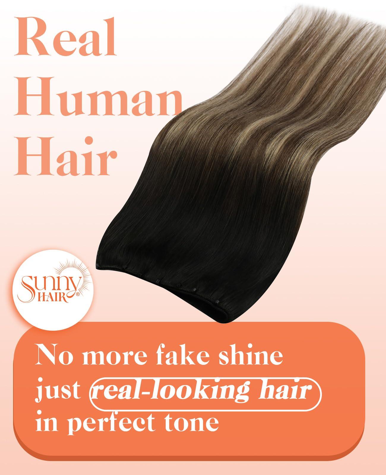 Sunny Hair Sunny Hair Beaded Weft Hair Extensions Human Hair 50G Micro Bead Weft Hair Extensions Real Human Hair Straight Weft Hair Extensions Easy Weft Natural Black to Dark Brown with Caramel Blonde 18inch