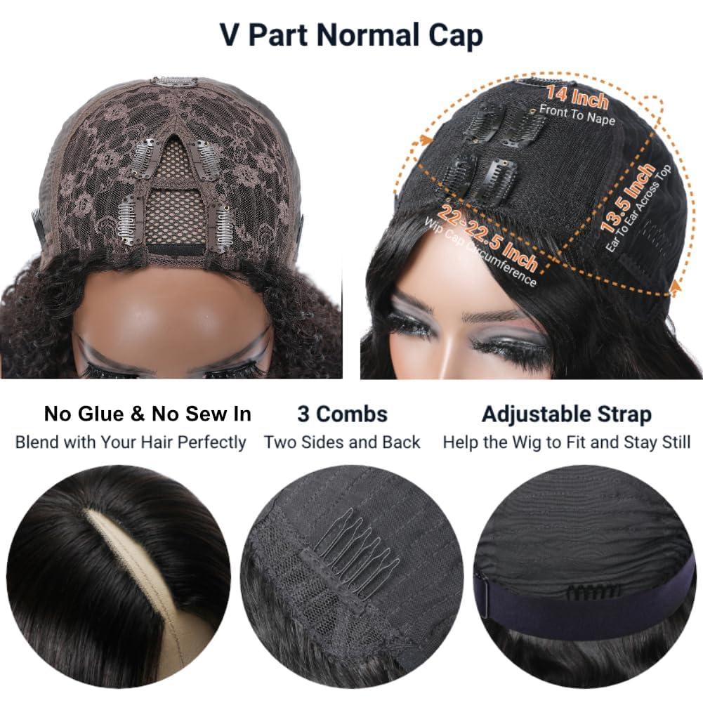 Julia Hair Julia Hair V Part Human Hair Wig Kinky Straight for Women Glueless Wigs Brazilian Virgin Human Hair Wigs Upgrade Upart Wig No Leave Out No Glue No Sew Natural Black Beginner Friendly 16 Inch