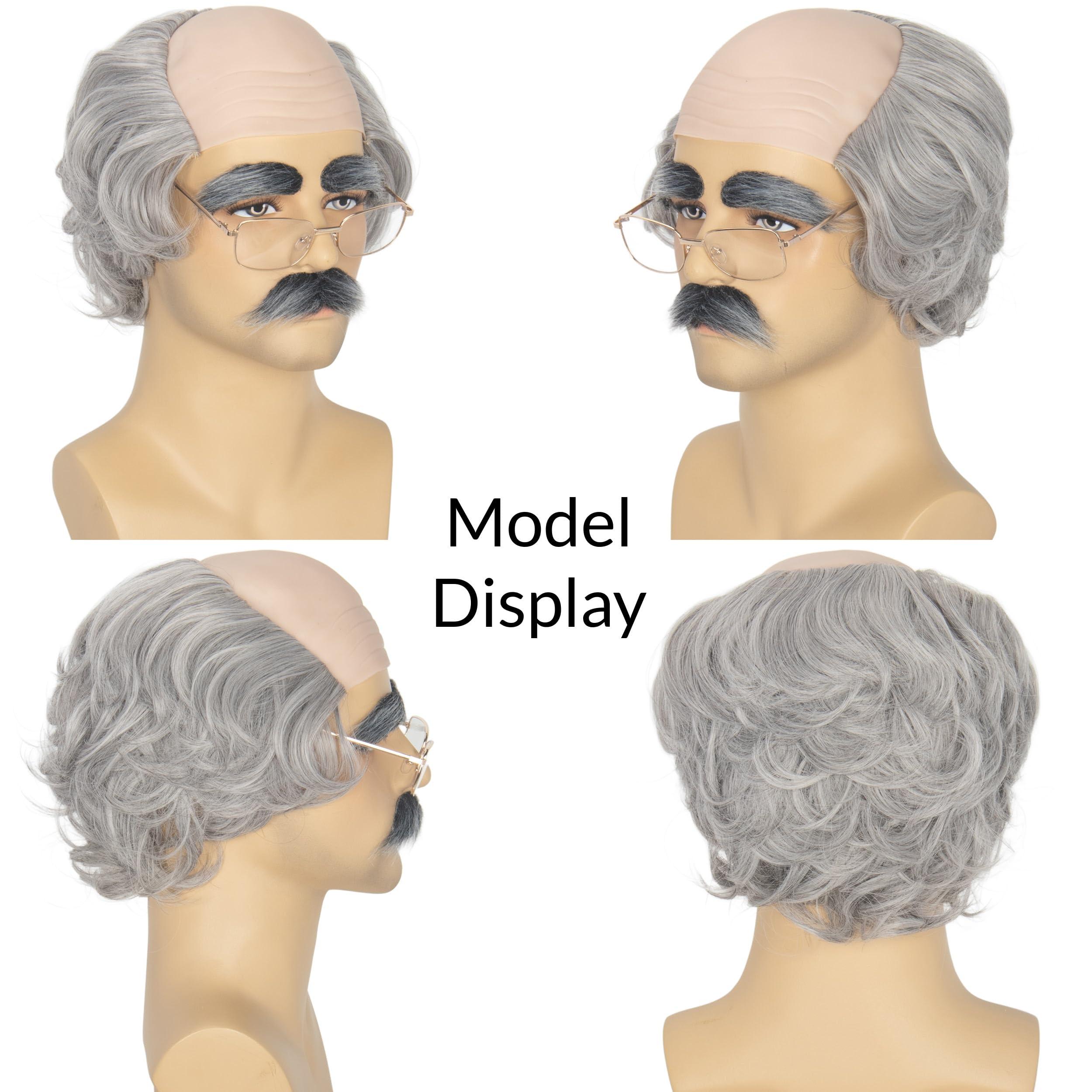 M MISS U HAIR Miss U Hair Old Man Wig and Mustache Eyebrows Funny Wigs Short Grey Bald Cap With Hair On Sides Balding Grandpa Wig