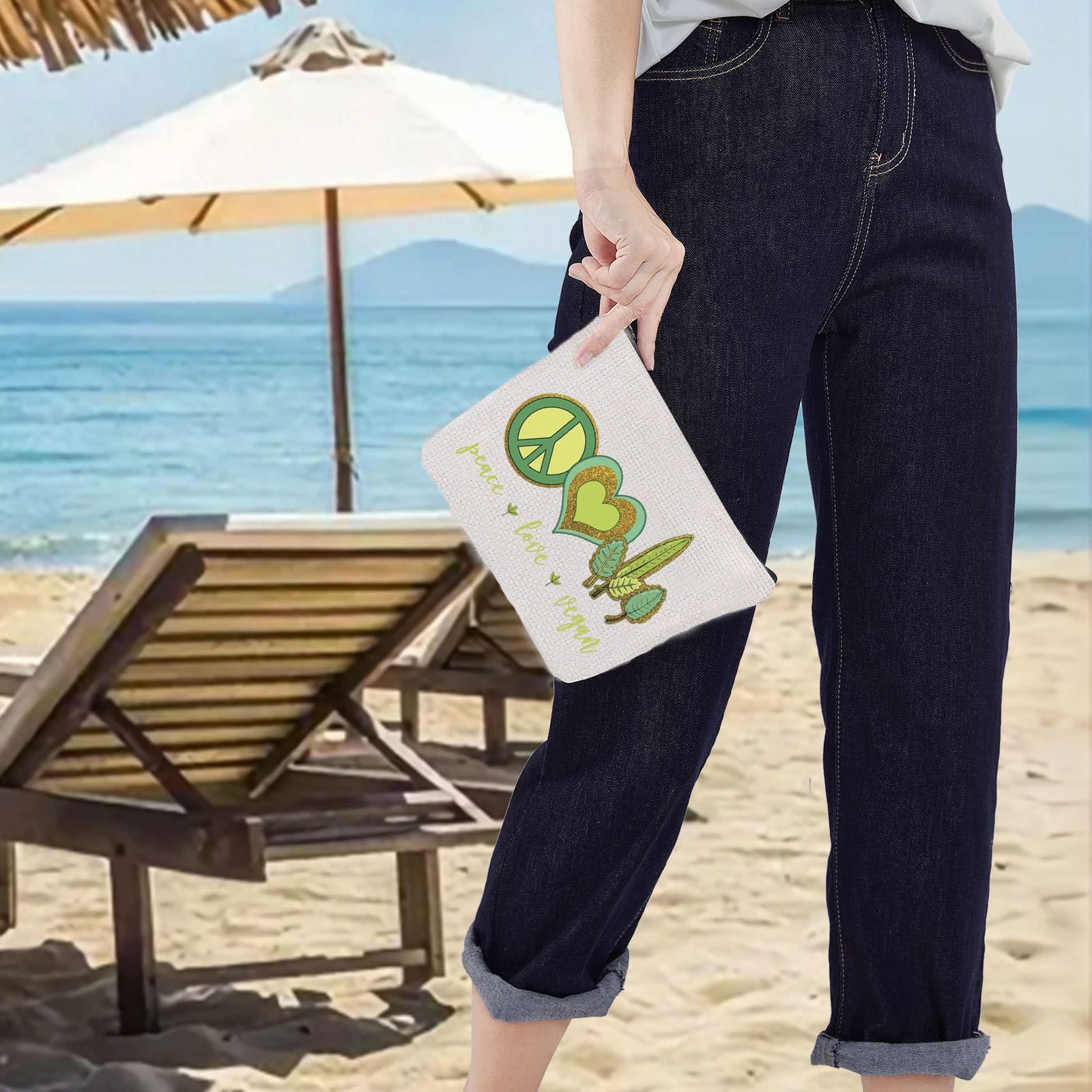 LEVLO LEVLO Funny Vegetarian Cosmetic Bag Vegan Gift Peace Love Vegan Makeup Zipper Pouch Bag Herbivore Veg Symbol Make Up Bag (Peace Love Vegan)