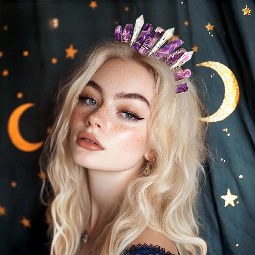 Formery Formery Purple Raw Crystal Crown Silver Amethyst Pendulum Quartz Headband Handmade Natural Stone Headpiece Hair Accessories for Women