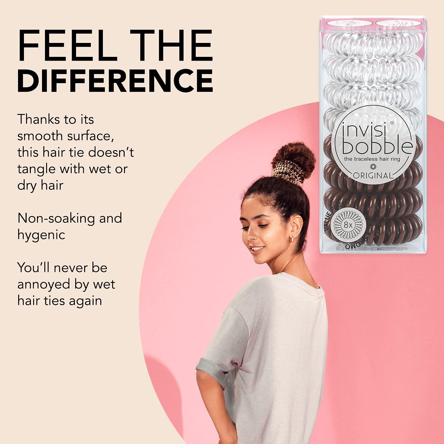 invisibobble invisibobble Original Traceless Spiral Hair Ties - Pack of 8, Crystal Clear and Pretzel Brown - Strong Elastic Grip Coil Accessories for Women - Non Soaking - Gentle for Girls Teens and Thick Hair