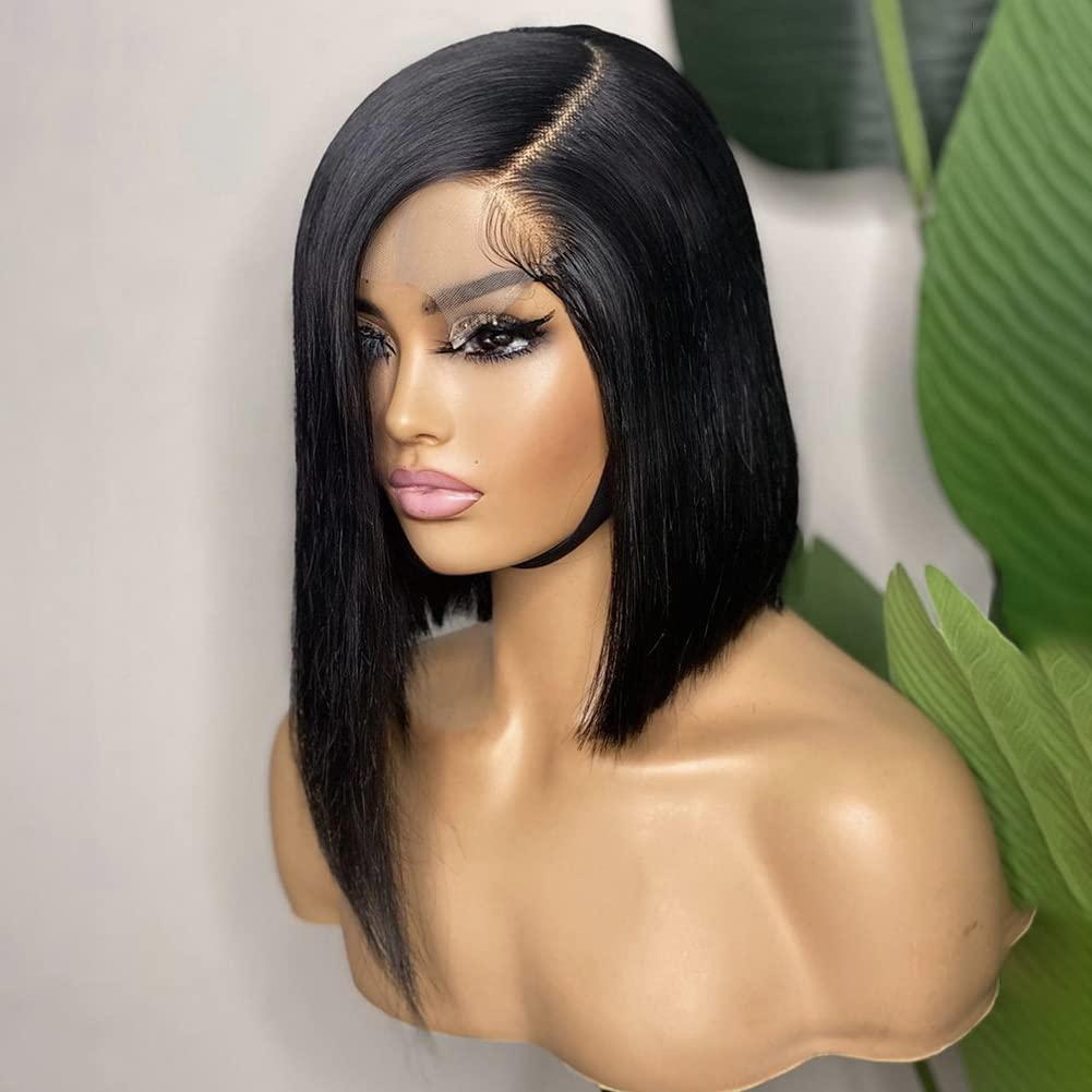 Anlimer Anlimer Asymmetrical Side Part Blunt Cut 13x4 Lace Front Wig Human Hair Bob Wigs Glueless Pre Plucked With Baby Hair Lace Closure Bob Remy Hair Wig for Black Women Silk Base Lace Frontal Wig Natural Color (10, 4x4 Silk Base Lace Wig 180 Density)