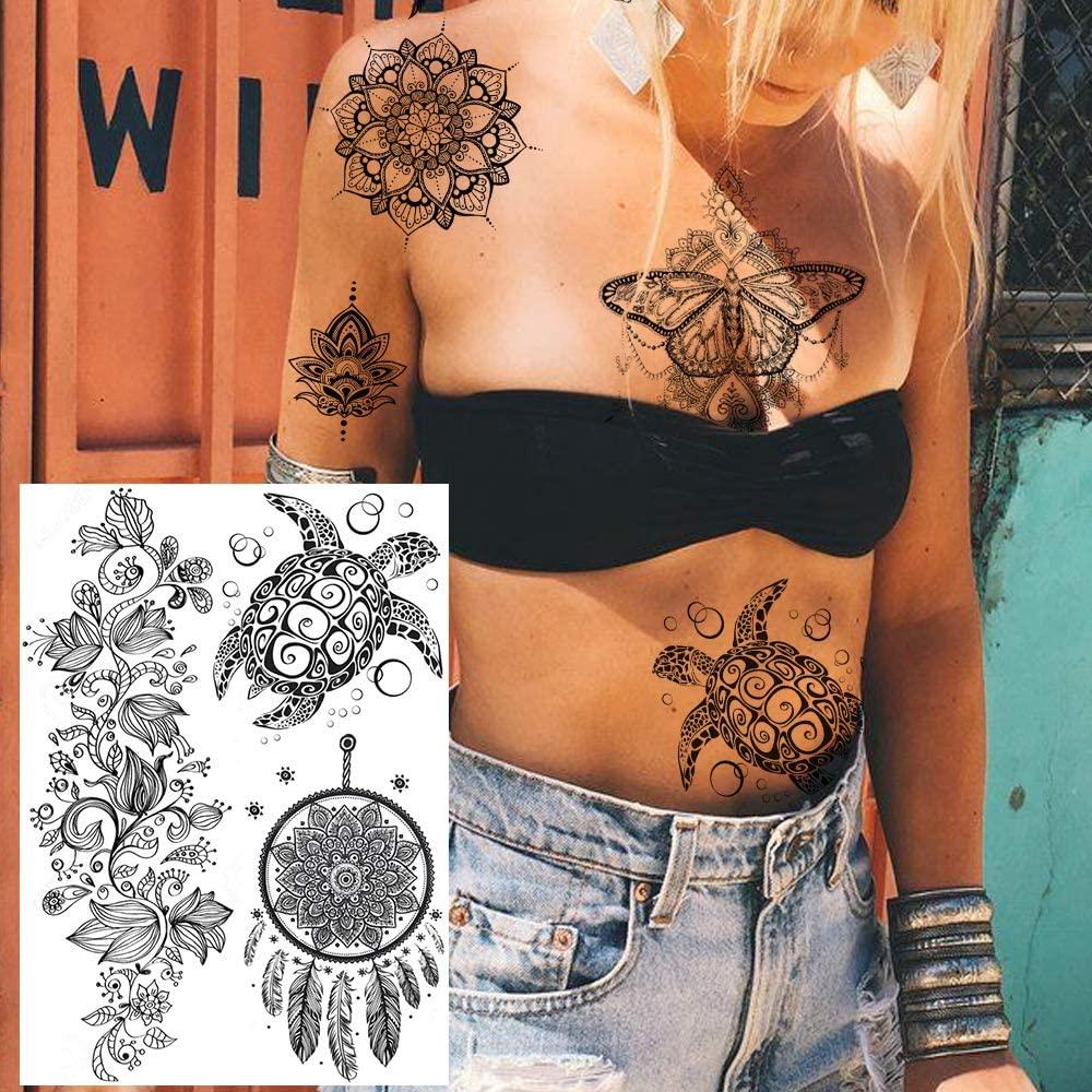 FANRUI 6 Sheets FANRUI Black Henna Temporary Tattoos For Women Lace Mehndi Mandala Flower Tatoos Ink Large Waterproof Lotus Fake Jewelry Pendant Butterfly Tattoo Stickers Kit Wedding Dreamcatcher Feather