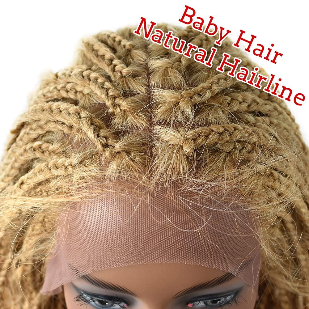 F M FACE MIRACLE NEW YORK F M FACE MIRACLE NEW YORK Lace Braided Wigs with Baby Hair Curly Hand Braided Synthetic Swiss Lace Front Lightweight Cornrow Box Braids Wig (LL602483C, #27/613M Blonde)
