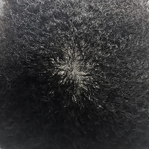 FANCY HAIR Afro Coily Curly Black Men Toupee Full Durable PU razilian Human Hair Black Men Hair Prosthesis African American6MM AFRO WAVY 8X10\"-120% density#1 Jet Black