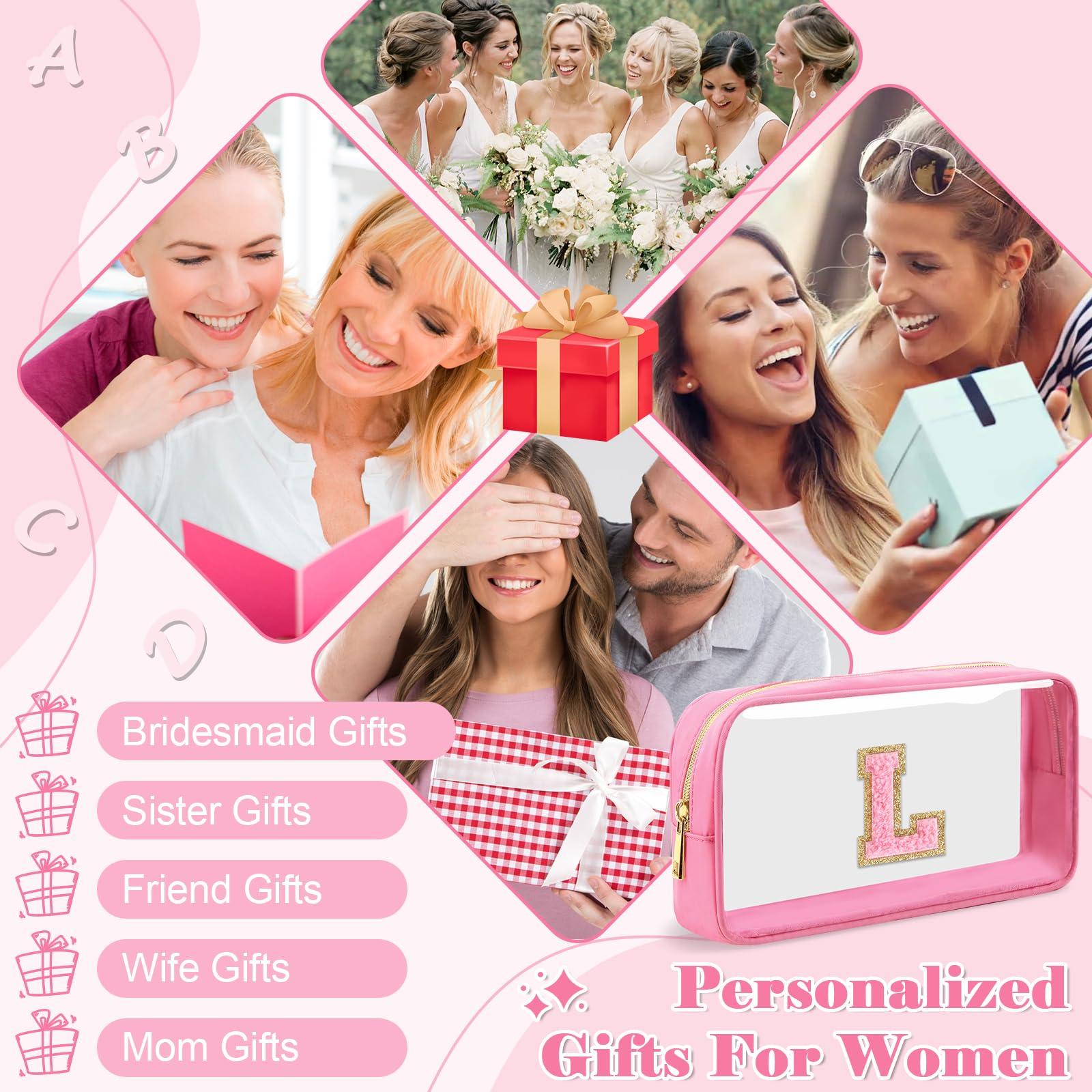 UIXIZQ UIXIZQ Personalized Initial Letter Clear Makeup Bag,Preppy Small Nylon&PVC Cosmetic Zipper Bag with Chenille Letter,Travel Skincare Toiletry Bag,Monogram Christmas Gift for Teen Girls Women,L