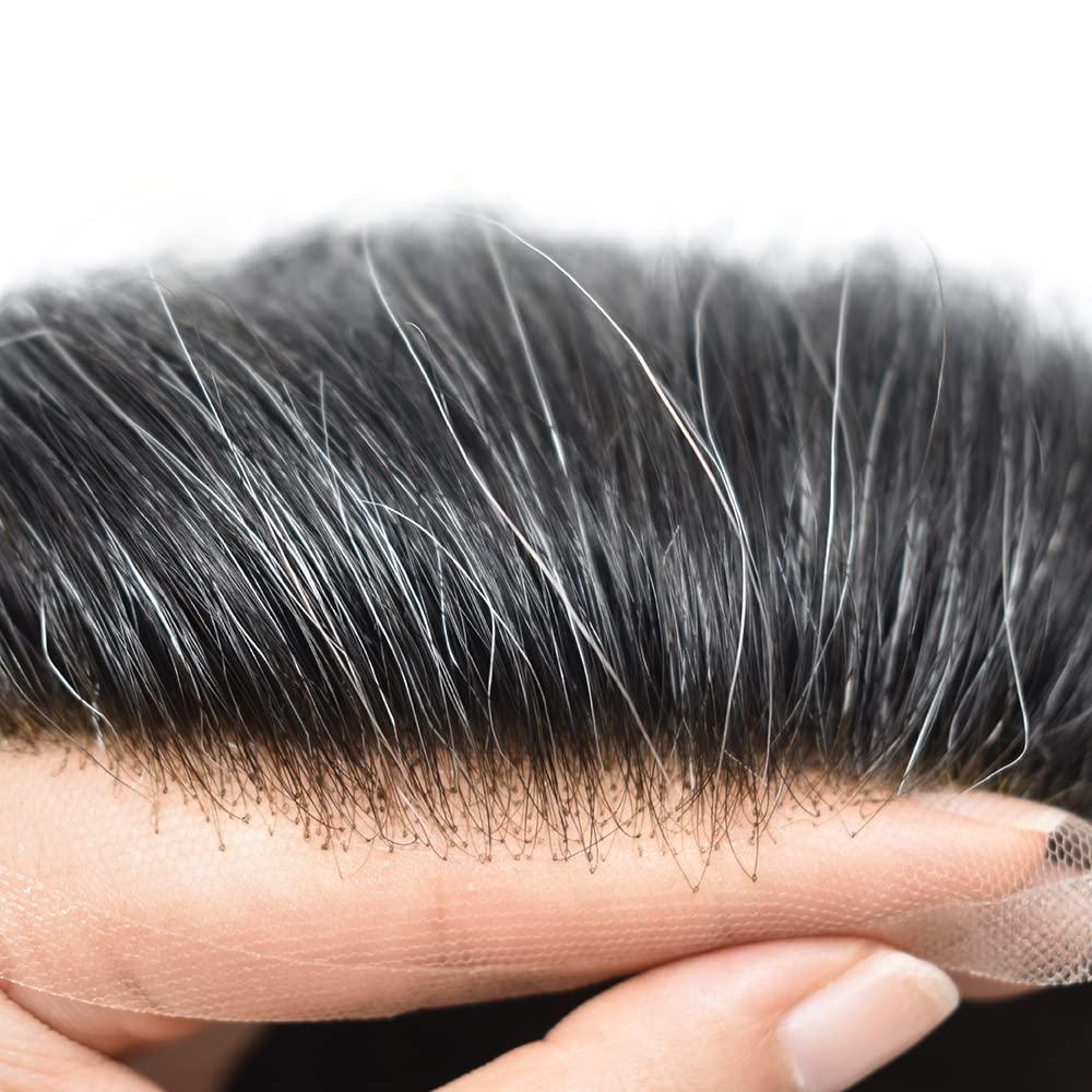 Generic Lace Front Toupee For Men 100% Real Human Hair Wigs For Men Thin Skin With French Lace Mens Toupee Bleached Knots Natural Looking Mix Gray Hair Pieces For Men US Stock. (8x10\"-100%, #1B30 1B# OFF BLACK 30% SYNTHETIC GREY)