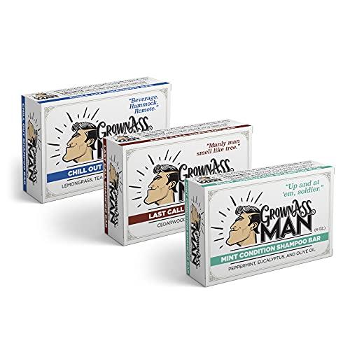 Grown Ass Man Co. Grown Ass Man Co. - Solid Shampoo Bar Rich Lather 3 in 1: Hair, Beard & Body Wash - Plastic Free & Eco-Friendly, Natural & Organic Clean for All Hair Types, 4oz Bar (Variety, 3-Pack)