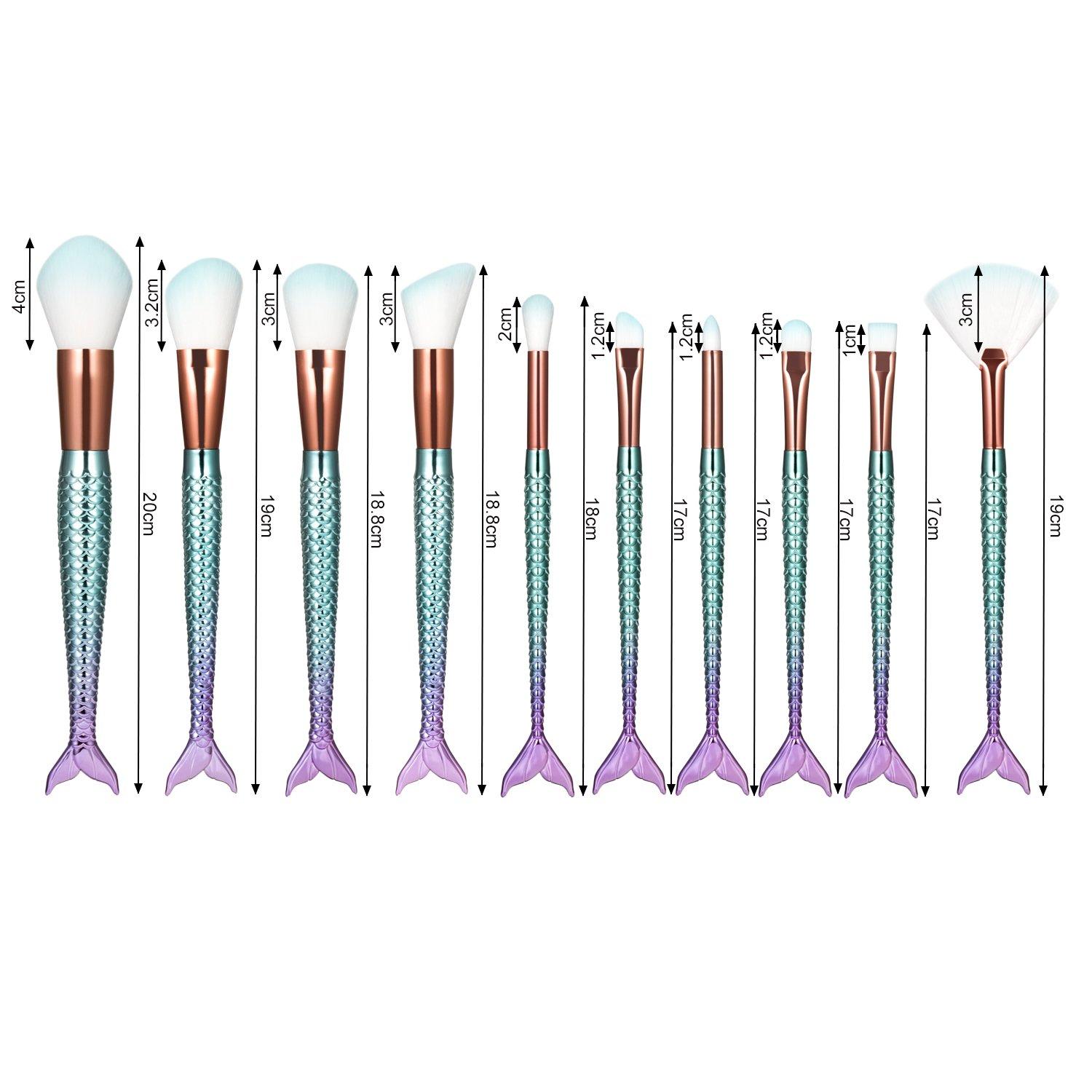 boniss Boniss Mermaid Makeup Brushes set Synthetic Fiber Hair 10Pcs Makeup Brush Kit with Bag Foundation Powder Eyeshadow Eyeliner Blending Blush Lip Concealer Fan Brush Face Cosmetic Tools (Purple blue)