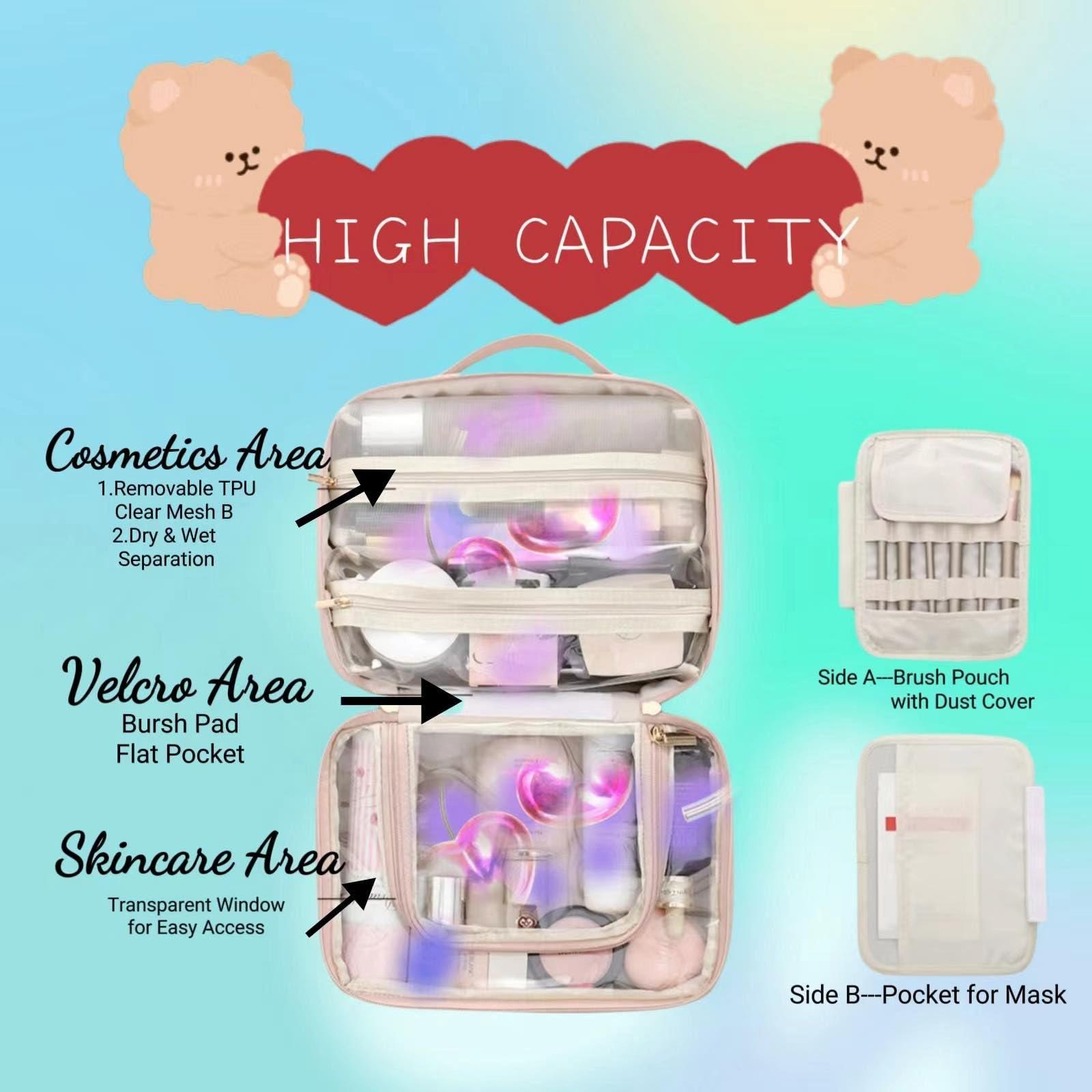 Generic Travel Makeup Bag, Multi Compartment Toiletry Cosmetic Bag, Set Patient Makeup Bag,Travel Cosmetic Bag for Women Large Capacity Portable Cute Cosmetic Organizer with Removable Clear Compartment(Beige)