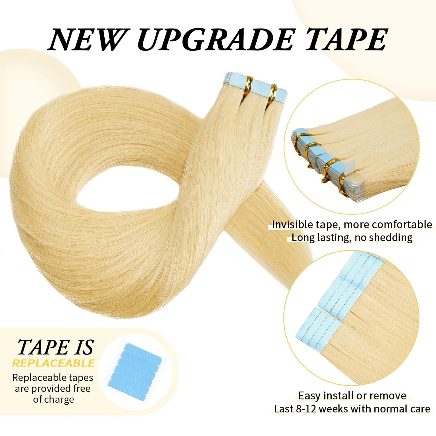 FAAAL 18 inch Tape in Hair Extensions Human Hair Invisible Straight Tape Hair Extensions for Women 20 Pcs/50g Seamless Skin Weft Real Hair Extensions Tape ins Human Hair Platinum Blonde