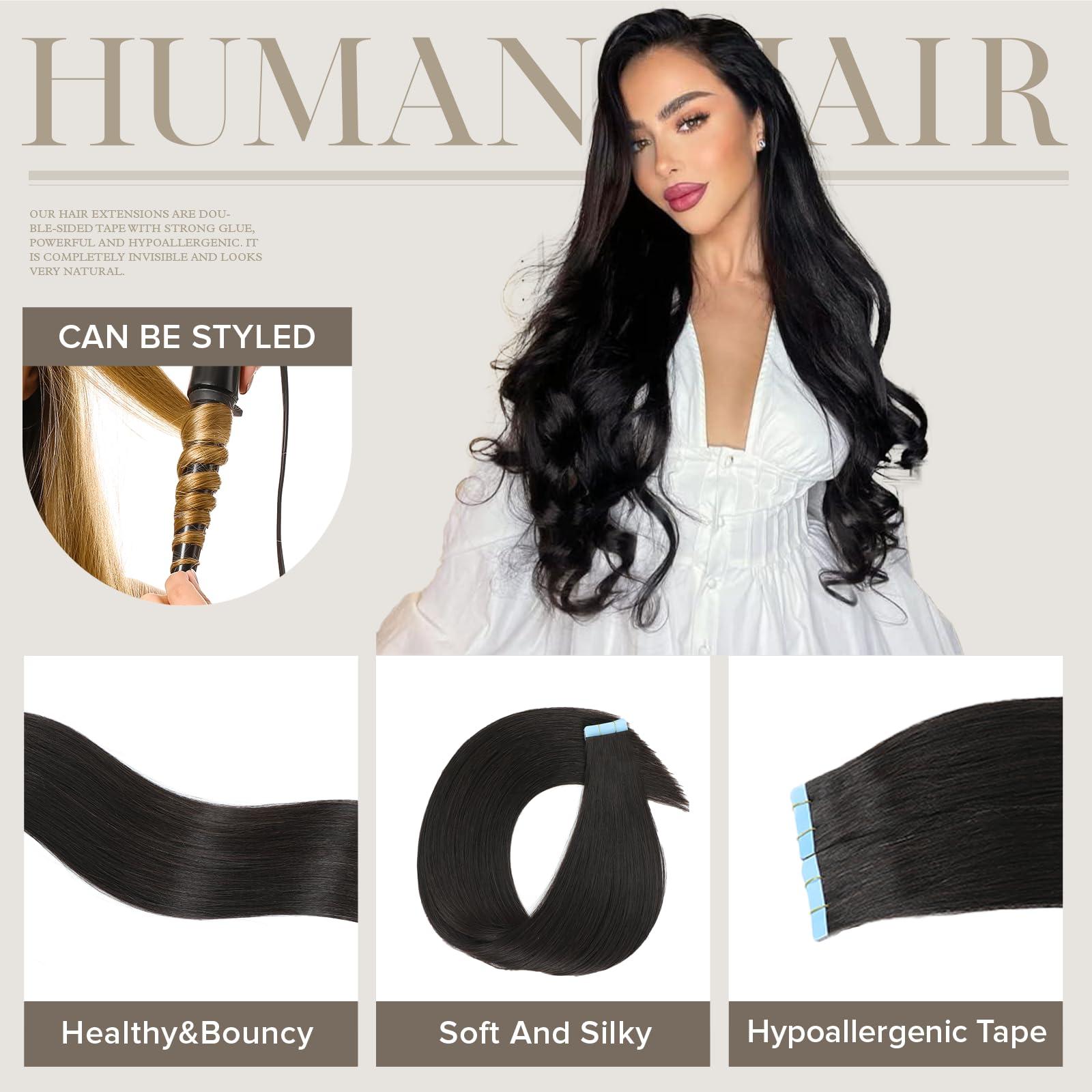 Mifes Mifes Tape in Hair Extensions Human Hair Natural Black #1B Human Hair Extensions Tape in Remy Straight Hair Extensions Invisible Skin Weft Soft Straight Hair 10pcs/25g 18 Inch