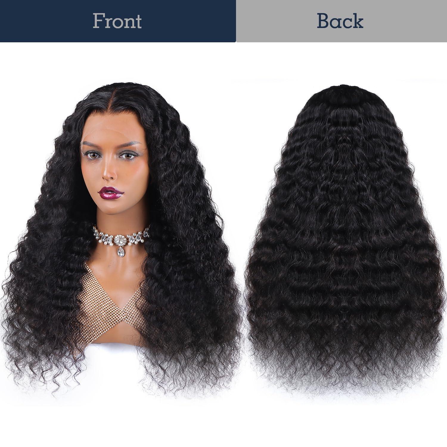 flooyeer 22 Inch Deep Wave Lace Front Wigs Human Hair, 180% Density 13x4 Real HD Lace Full Frontal Wigs Glueless Wigs Human Hair Pre Plucked Hairline Bleached Knots Hair Wig with Baby Hair