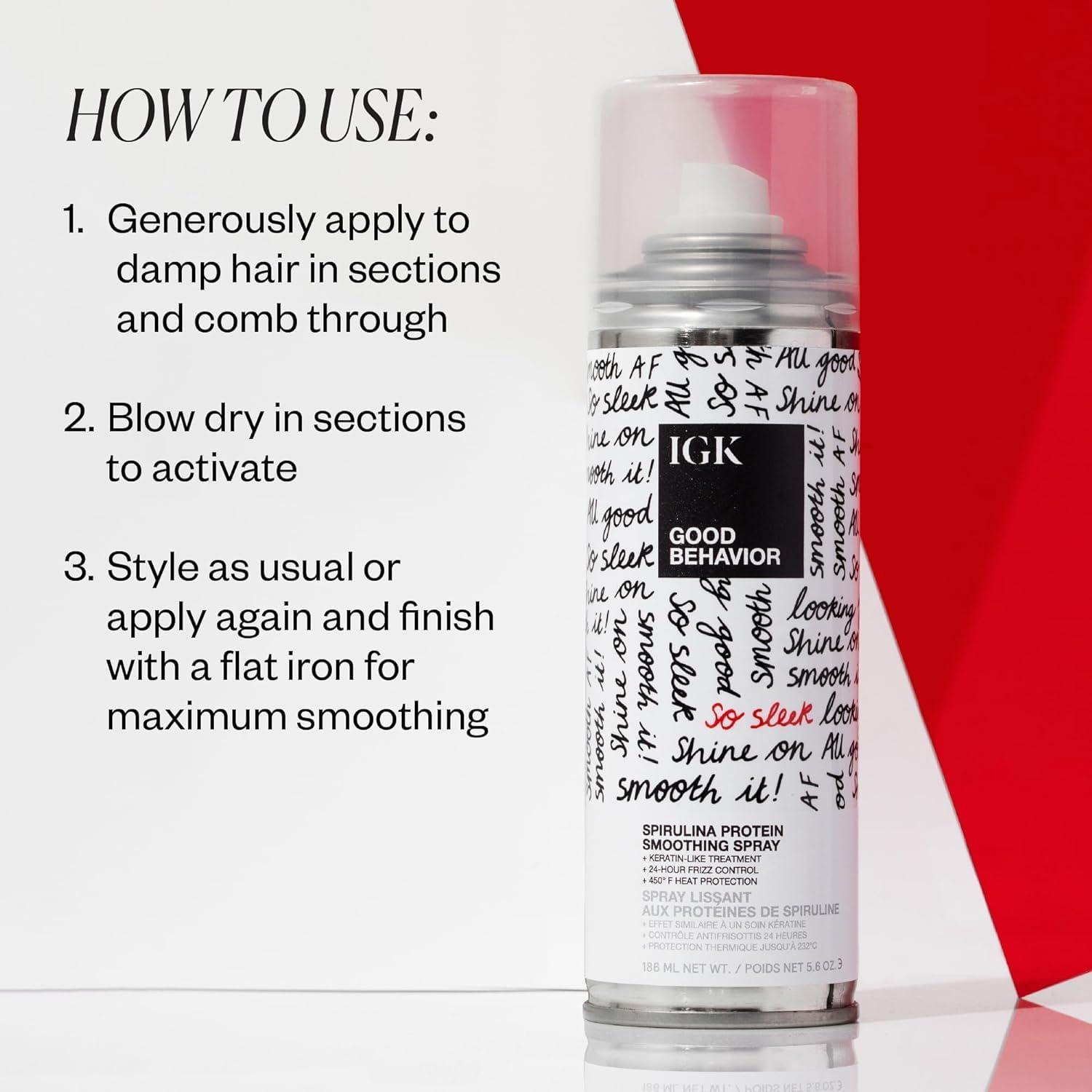 IGK IGK GOOD BEHAVIOR Spirulina Protein Smoothing Spray Travel Bundle | Keratin Like Treatment + Frizz Control + Heat Protectant | Vegan + Cruelty Free | (5.6 Oz + 2.4 Oz)