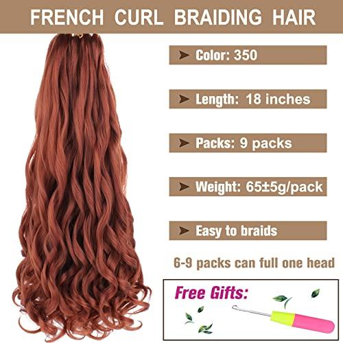 COOKOO COOKOO 9 Pack Copper Red Pre Stretched Spanish Curly Braiding Hair 18 Inch Pre-curled Loose Wave Crochet Braids Hair French Curls Crochet Braid Hair Extention for Goddess Nu Locs 350#