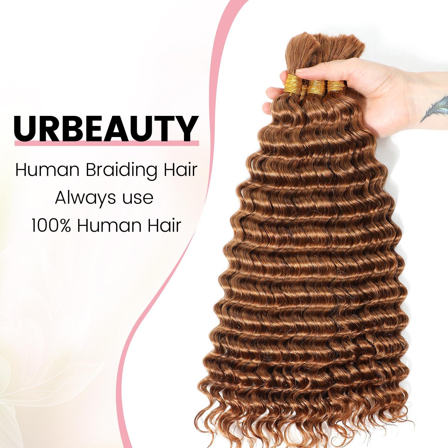 Urbeauty Urbeauty Human Braiding Hair #30 Color, Deep Wave Bulk Human Hair for Micro Braiding No Weft, Curly Human Hair for Boho Braids, Knotless/Goddess/Bohemian/Gypsy/100% Unprocessed Human Hair 100gram
