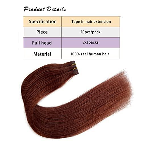 Munx Munx Real Hair Extension Dark Auburn Tape in Human Hair Extension 18inch 20pcs 40g Tape in Remy Silky Straight Natural Hair Extensions