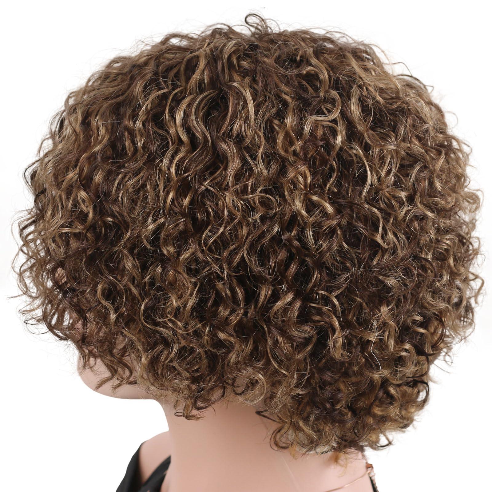 ManeMajesty ManeMajesty 8 Inch Ombre Curly Human Hair Wigs for Black Women Short Kinky Curly Afro Glueless Wig Highlight Brown Mixed Honey Blonde Side Part Jerry Curl Wig -100% Brazilian Human Hair P4/27