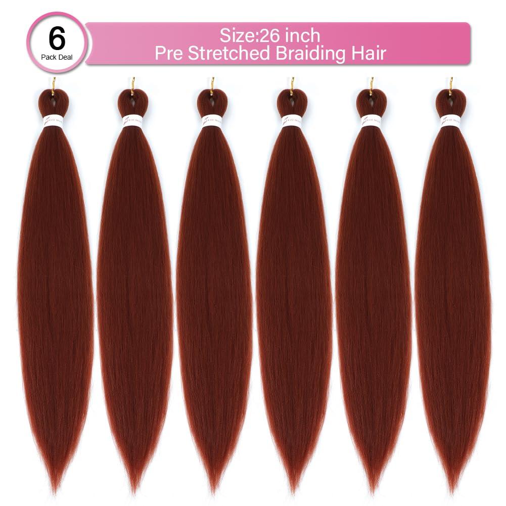 Betufllo Pre Stretched Braiding Hair Copper Red Braiding Hair Braid in Hair Extensions 26 Inch Ginger Crochet Braiding Hair Easy Braid Crochet Box Braids Hair(350#6 packs)