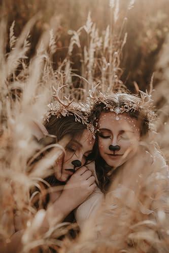 MOSTORY MOSTORY Gold Fairy Antler Crown - Woodland Flower Deer Horns Headpiece Elf Forest Ciecle for Women Renaissance Cosplay Ren Faire Outfit Hallween Costume