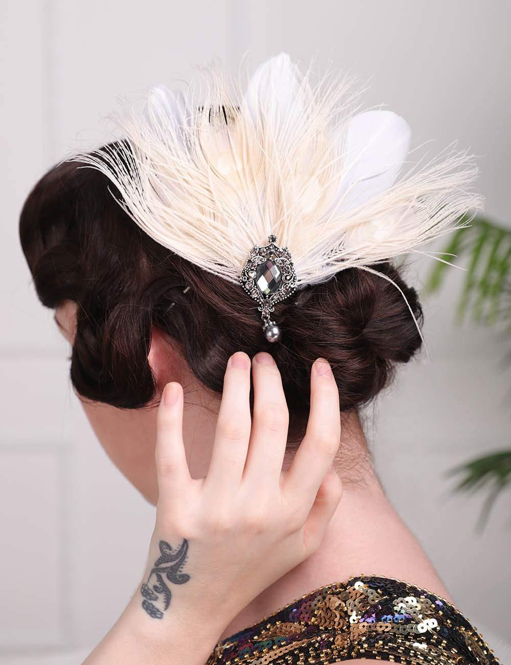 Aimimier Aimimier 1920s Flapper Feather Hair Clip Ivory Headpiece Prom Party Roaring 20s Accessories for Women