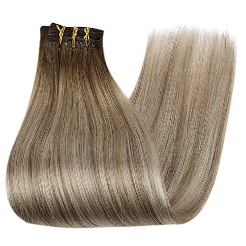 Full Shine Full Shine Balayage Brown Human Hair Clip in Extensions 20 inch Dark Brown to Light Brown Mix Blonde Balayage Clip in Hair Extensions Straight Real Hair Extensions Double Weft 7pcs/120g