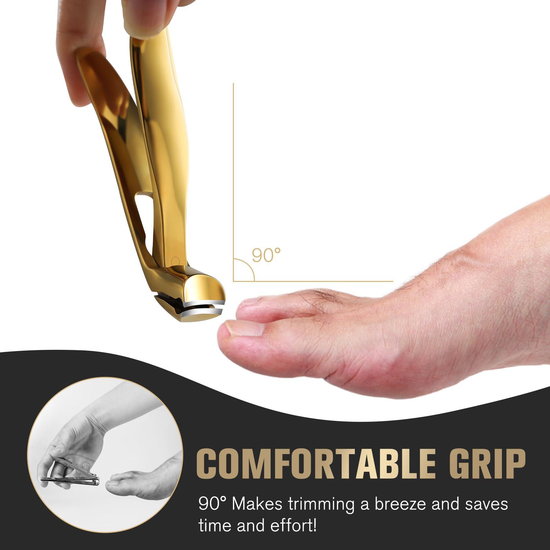 FERYES FERYES Angled Head Long Handled Toenail Clipper for Seniors - Large Wide Jaw Nail Clipper with Catcher for Thick Nails - Easier Trimming, Ergonomic Design (Gold