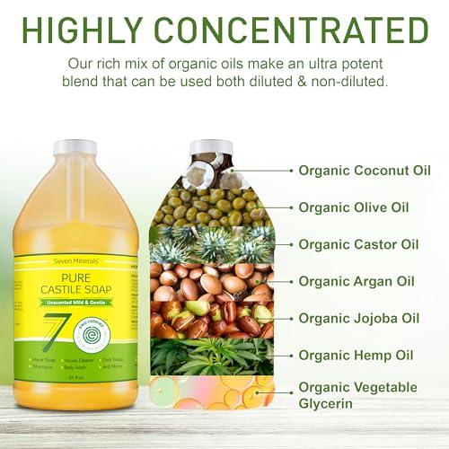 Seven Minerals Pure Castile Soap - No Palm Oil, GMO-Free - Gentle Liquid Soap For Sensitive Skin & Baby Wash - All Natural Vegan Formula with Organic Carrier Oils (64 FL Oz, An Unscented)