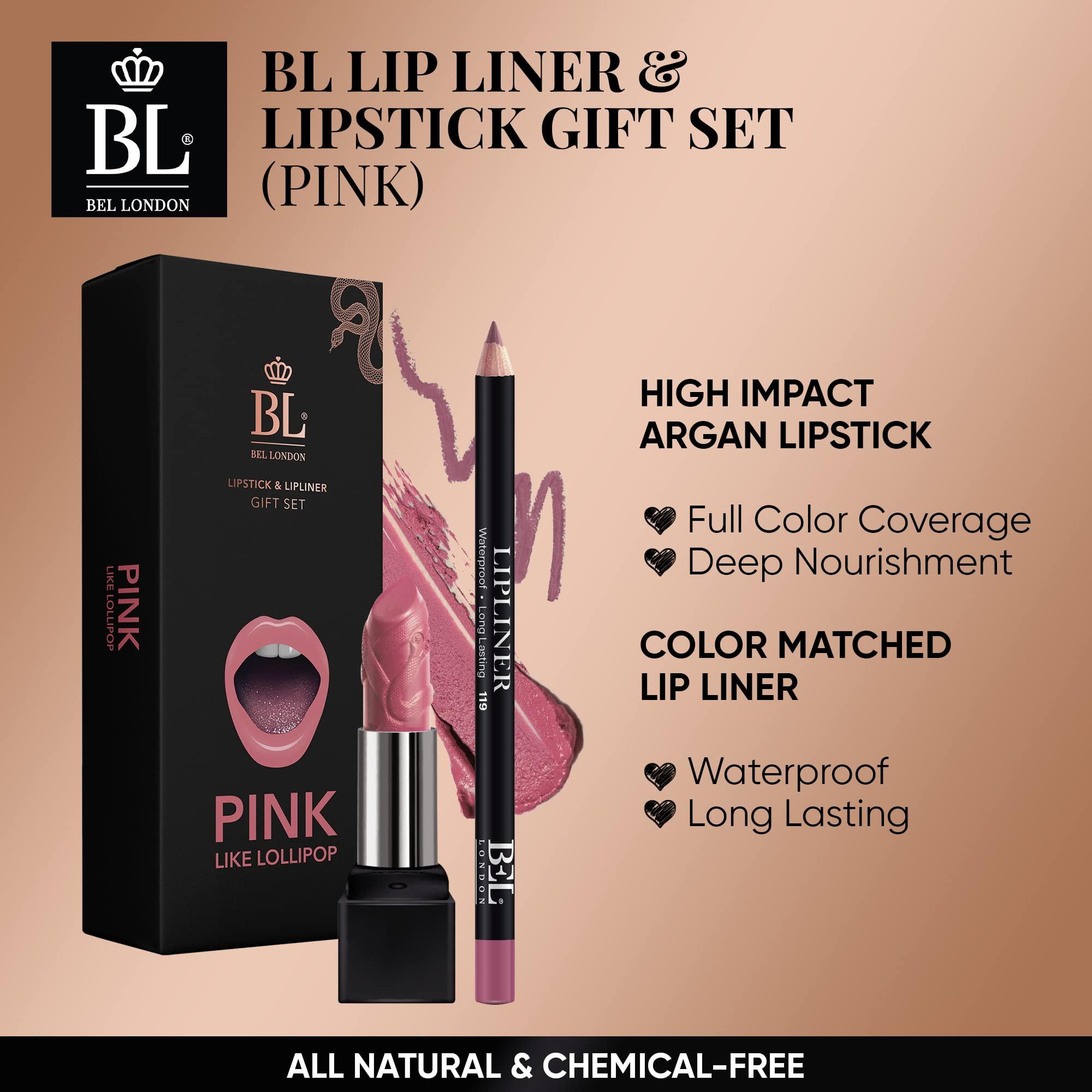 BL BL Color Matched Lip Liner & Lipstick Set (Pink) - Full-Coverage Argan Long Lasting Lipstick and Lip Liner Set With Natural Oils for Nourishment, Hydration, & Protection - Chemical-Free