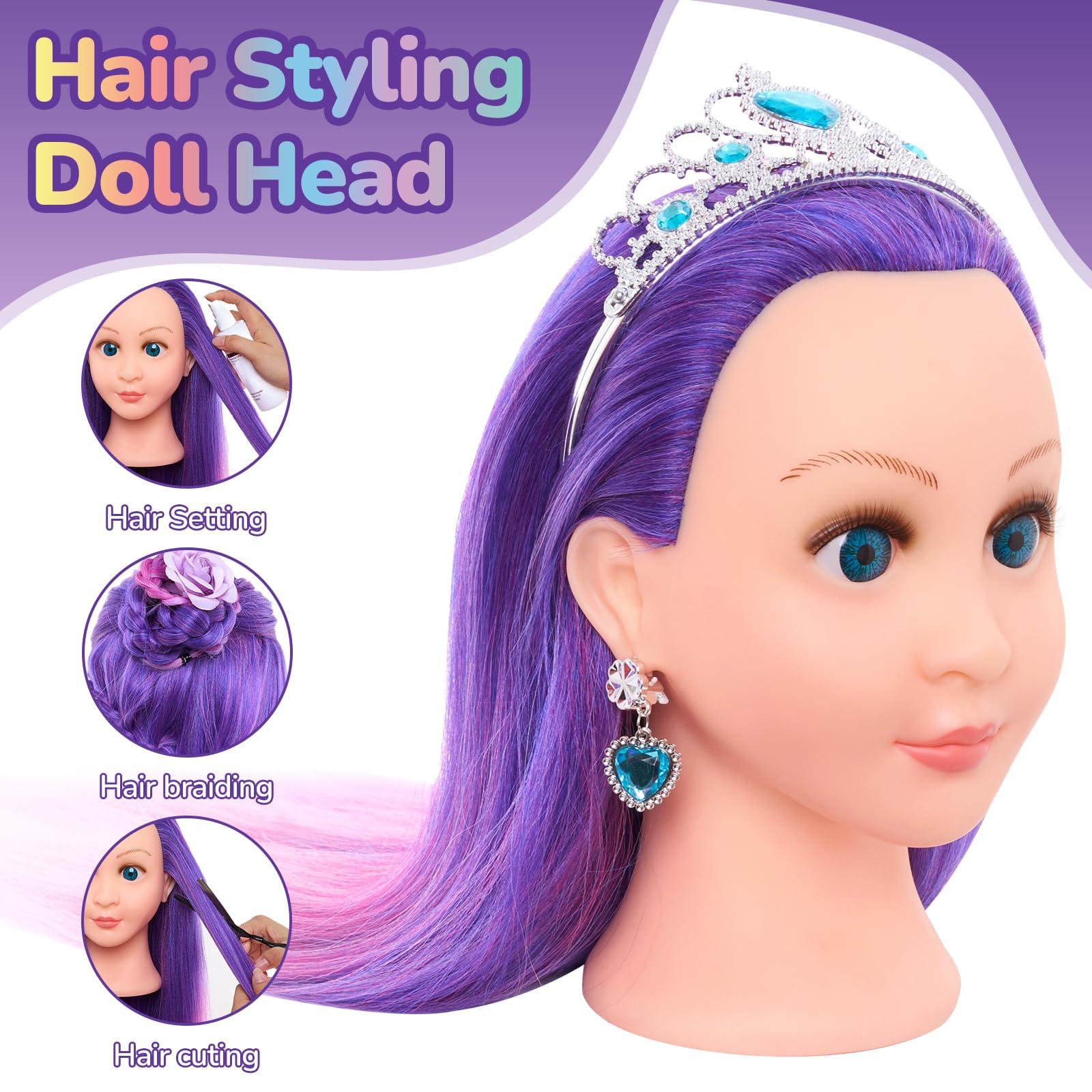 BettySmile 24Inch Doll Head for Hair Styling,Doll Mannequin Head with Hair Purple,Doll Styling Head For Braiding with Hair Styling Set,Table Clamp