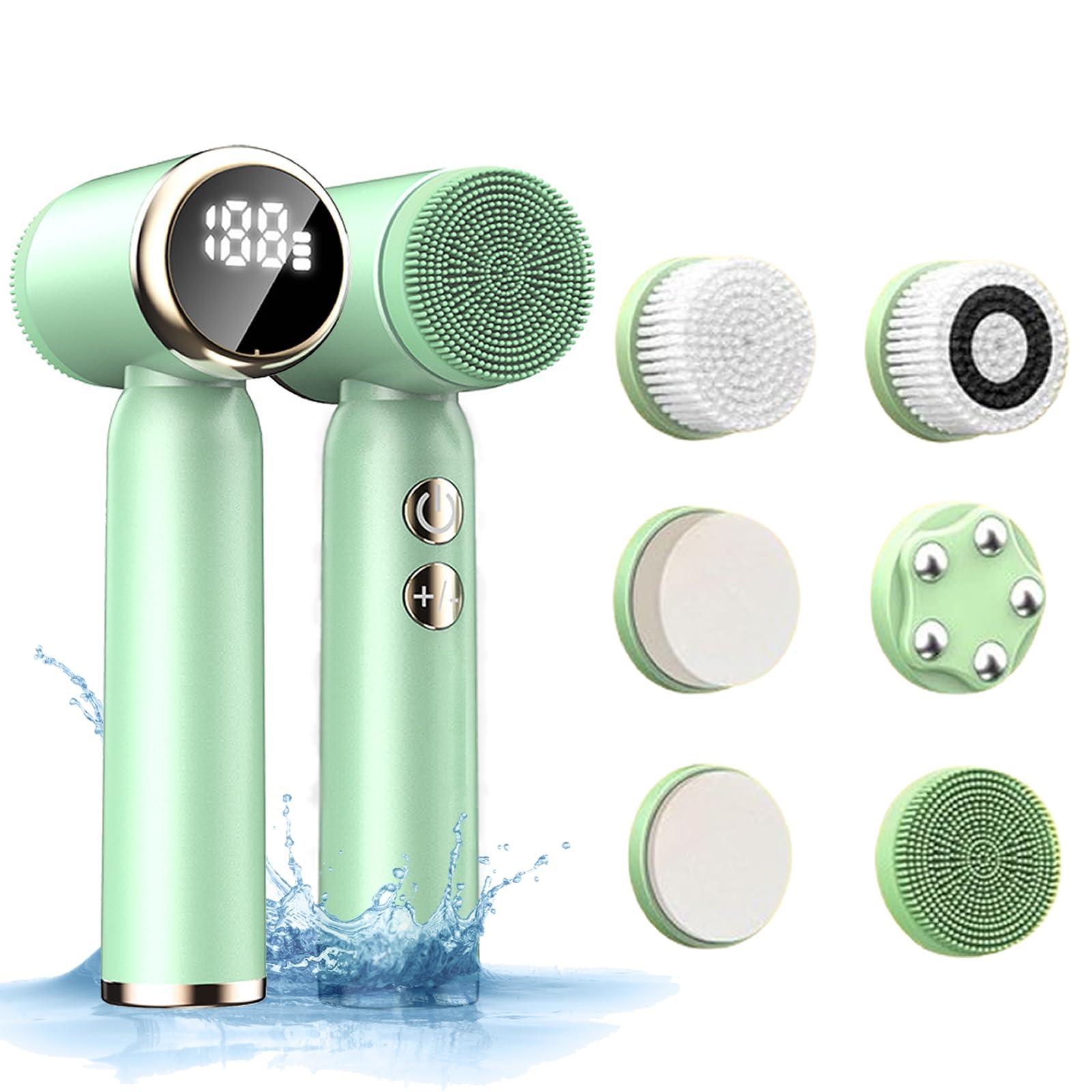 DotPet Facial Cleansing Brush, 6 in 1 Electric Face Scrubber with 6 Brush Heads and 3 Spin Speeds for Deep Cleansing, Waterproof Rechargeable Face Brushes for Dry Oily Sensitive Skin (Green)