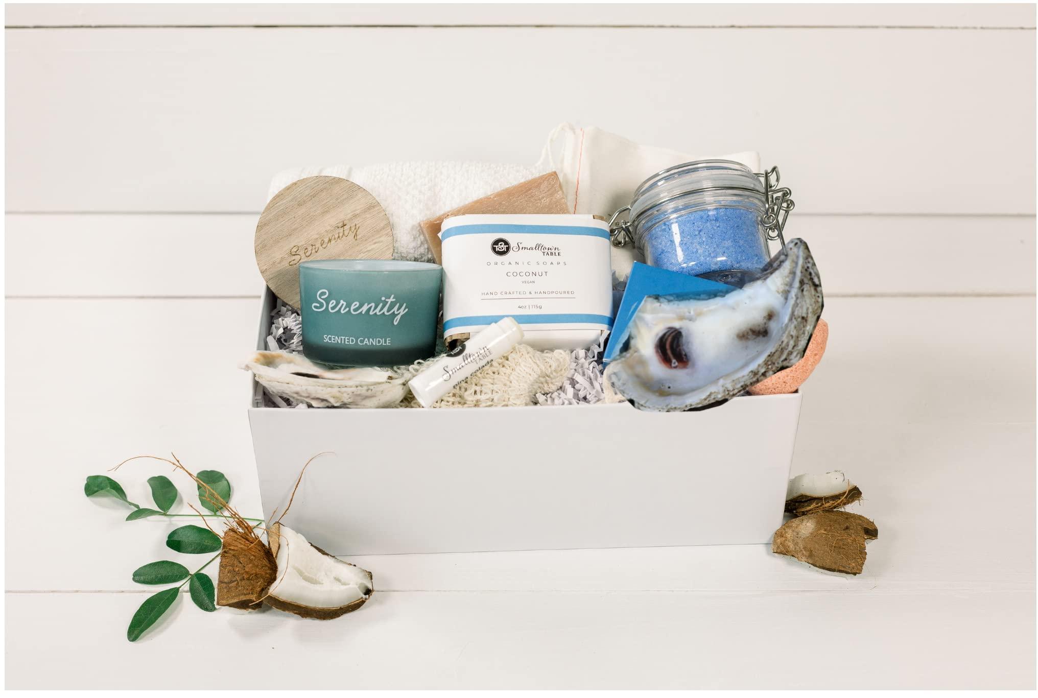 Smalltown Table Thank You Gift Box for Women - Spa Kit, Coconut Soap, Beach Scented Candle, Bath Salt Soak, Handmade Vegan, Eco-Friendly Presents