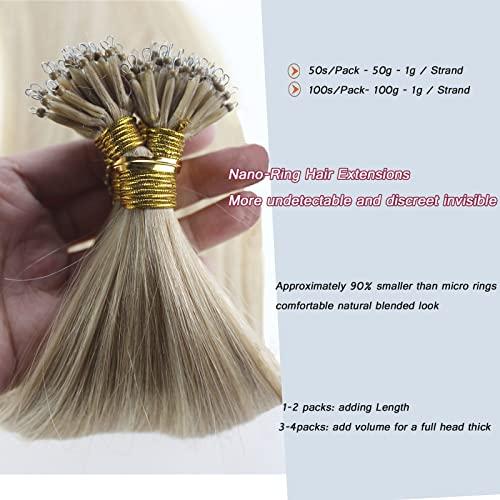 Yotty Nano Ring Hair Extensions Human Hair Keratin Cold Fusion Nano Tip Micro Nano Beads Link Thick Hair Balayage Highlight Ombre Real Remy Hair 1g/s (16inch100gr100s, P18/613 Ash Blonde Mix Light Blonde)