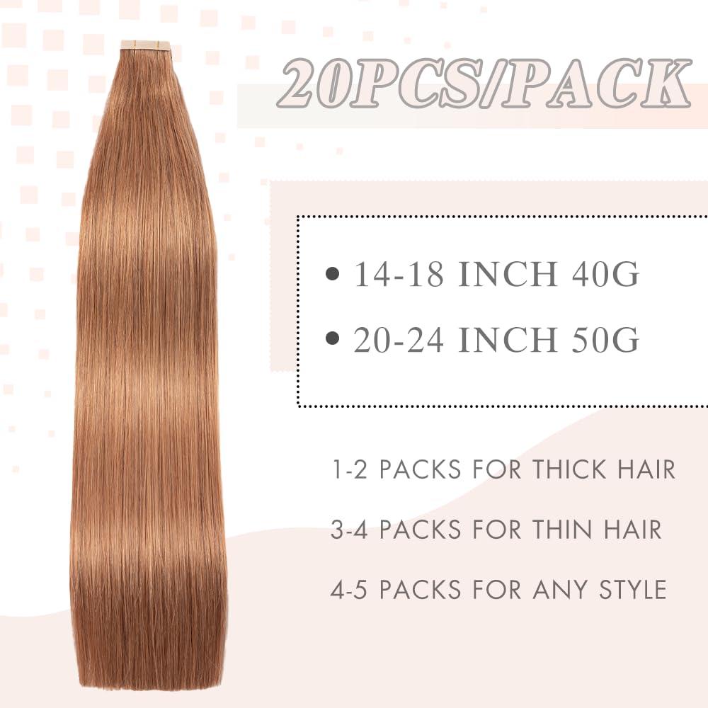 OBHD Light Brown Tape in Hair Extensions Human Hair, 20pcs 16 Inch Remy Hair Extensions Straight Human Hair Tape in Extensions Skin Weft Tape Extensions Human Hair (30#,16 Inch)