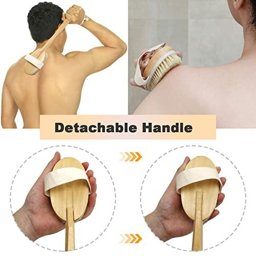 Ptvale Dry Brush for Cellulite and Lymphatic, Dry Brushing Body Brush Set Natural Boar Bristles Exfoliating Back Scrubber with Long Handle Face Brush and Cellulite Massager for Dead Skin Removing 3 PCS