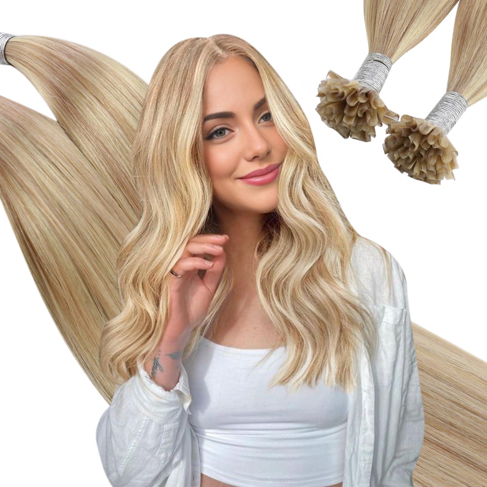 Ugeat Ugeat Utip Human Hair Extensions Dark Ash Blonde Highlights Golden Blonde U Tip Keratin Bond Hair Extensions for Women Add Length No Shedding 22 Inch 50G 50S