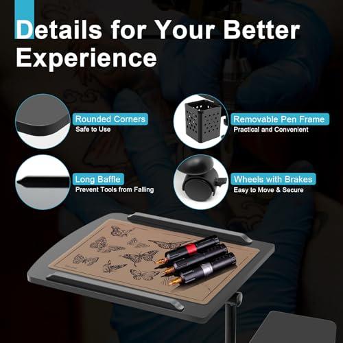 KWCWB KWCWB Tattoo Workstation Tattoo Tray with Wheels, Portable Dual Table Top Rolly Tray Tattoo Table wiht Armrests Mobile Tattoo Station, Height Adjustable - for Tattoo Beauty Pedicure Nail Salon Tools