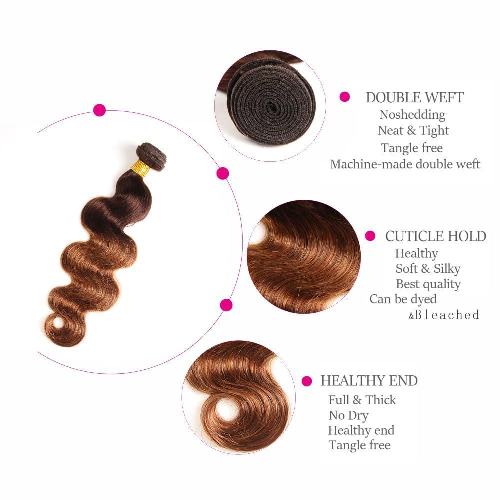 FASHION VILA 2 Tone Ombre Brazilian Human Hair Bundle Virgin Hair Body Wave One Bundles Human Hair Weave Body Wave Human Hair Extensions T4/30 Medium Brown/Medium Auburn(30 Inch)