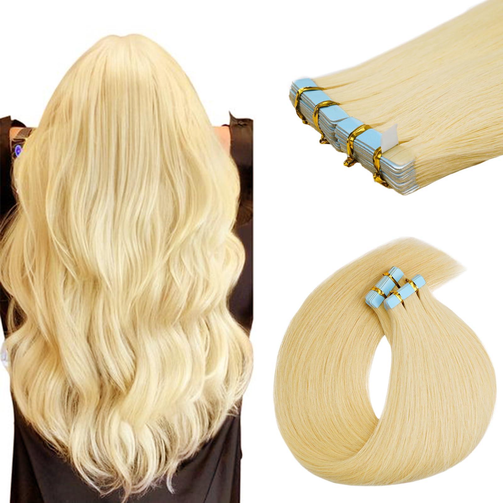 FAAAL 18 inch Tape in Hair Extensions Human Hair Invisible Straight Tape Hair Extensions for Women 20 Pcs/50g Seamless Skin Weft Real Hair Extensions Tape ins Human Hair Platinum Blonde