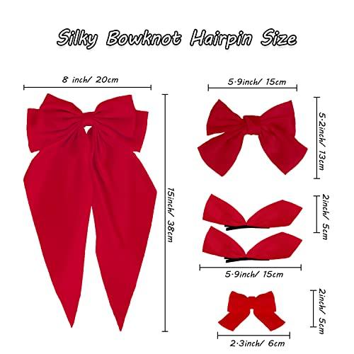 DIKEWEN Red Hair Bow - 5PCS Hair Bows for Women Big Red Bow for Hair Oversized Ribbon Bowknot Hairclip Soft Silky Satin Hair Bow Long Tail Hair Bows Clips French Barrette Hair Accessories Gift for Women Girls