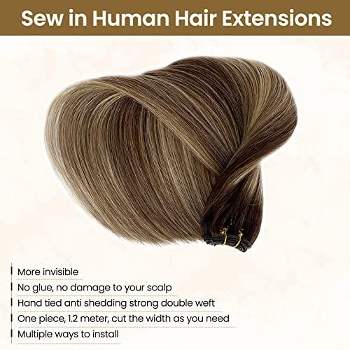 Benafee Hand Tied Weft Hair Extensions Human Hair 22 Inch 120 Gram Sew in Hair Extensions Real Human Hair Bundles Ombre Balayage Medium Brown to Honey Blonde Sew in Hair Bundles Real Human Hair Extensions