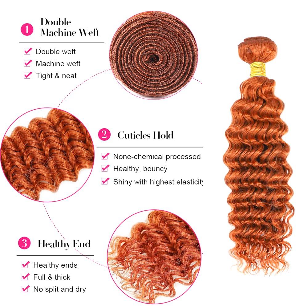 LadrXadr LadrXadr Ginger Bundles 350 Human Hair Bundles Ginger Deep Wave Bundles 14 16 18 inch Brazilian Remy Ginger Wet and Wavy Bundles for Women