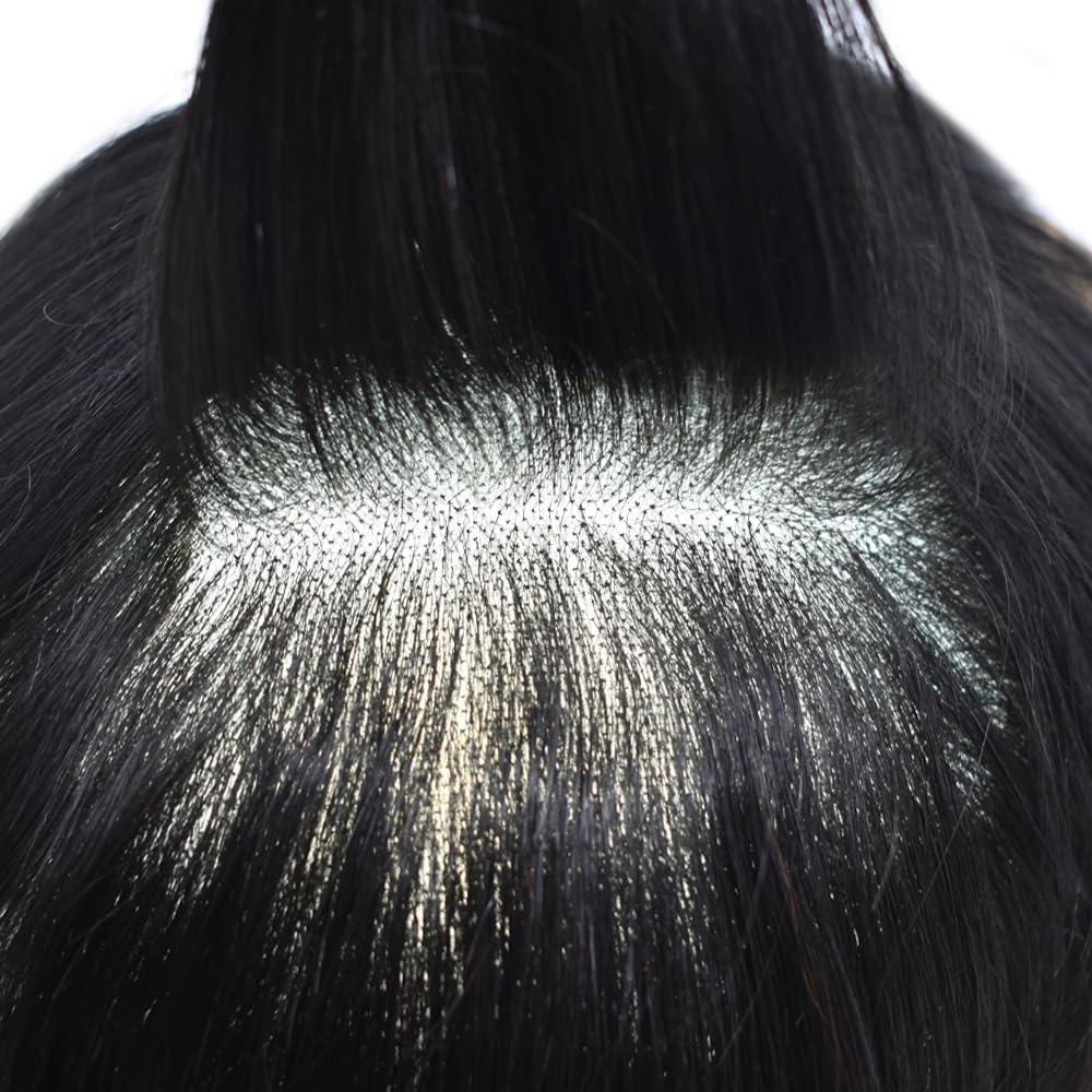 Hair Wonders Toupee For Men Real Human Hair Mens Toupee Hair Replacement System Swiss Lace Hair Piece For Men Hair System6x9\"-100% light to medium density1# JET BLACK