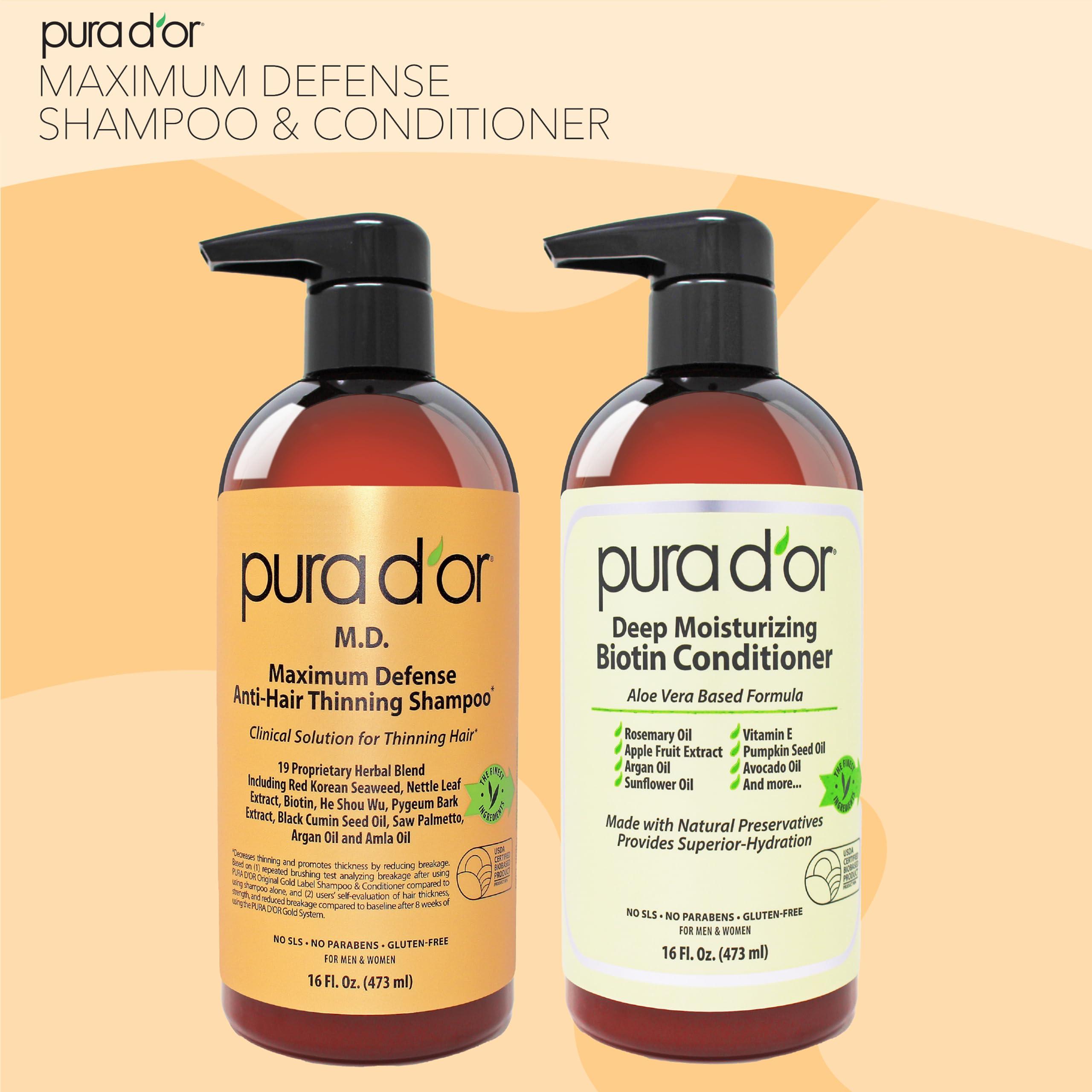PURA D'OR PURA D\'OR MD Anti-Thinning Biotin Shampoo & Conditioner Set (16oz x2) Maximum Defense Coal-Tar Strong Scented DHT Blocker Hair Thickening Products For Women & Men, Daily Shampoo For Scalp Health