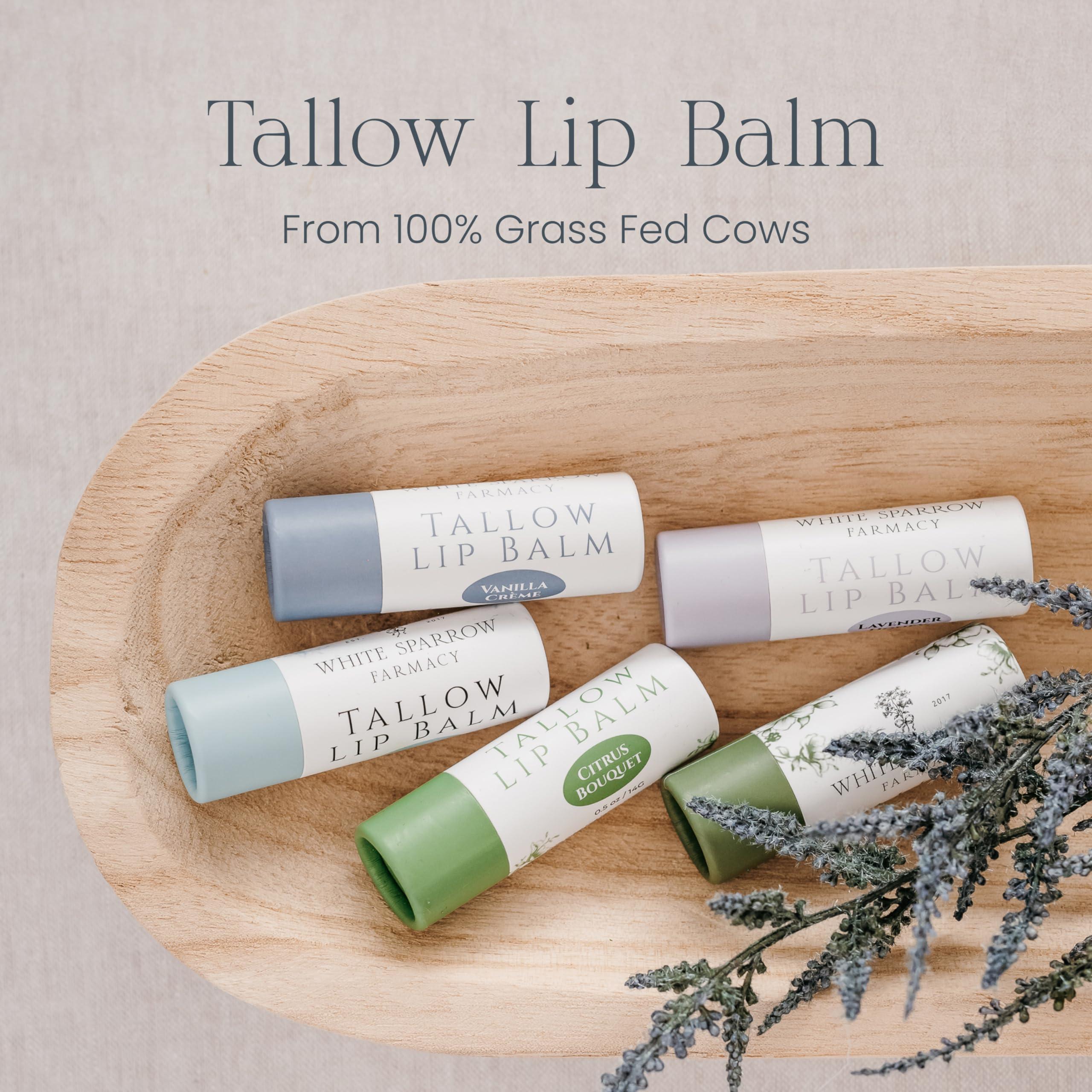 White Sparrow Farmacy Organic Tallow Lip Balm (Peppermint) from Grass Fed Cows. Super hydrating with Tallow, Olive Oil, Honey, and Beeswax. Sustainable Cardboard Tubes & Hand Filled. Jumbo Size 0.5 oz.