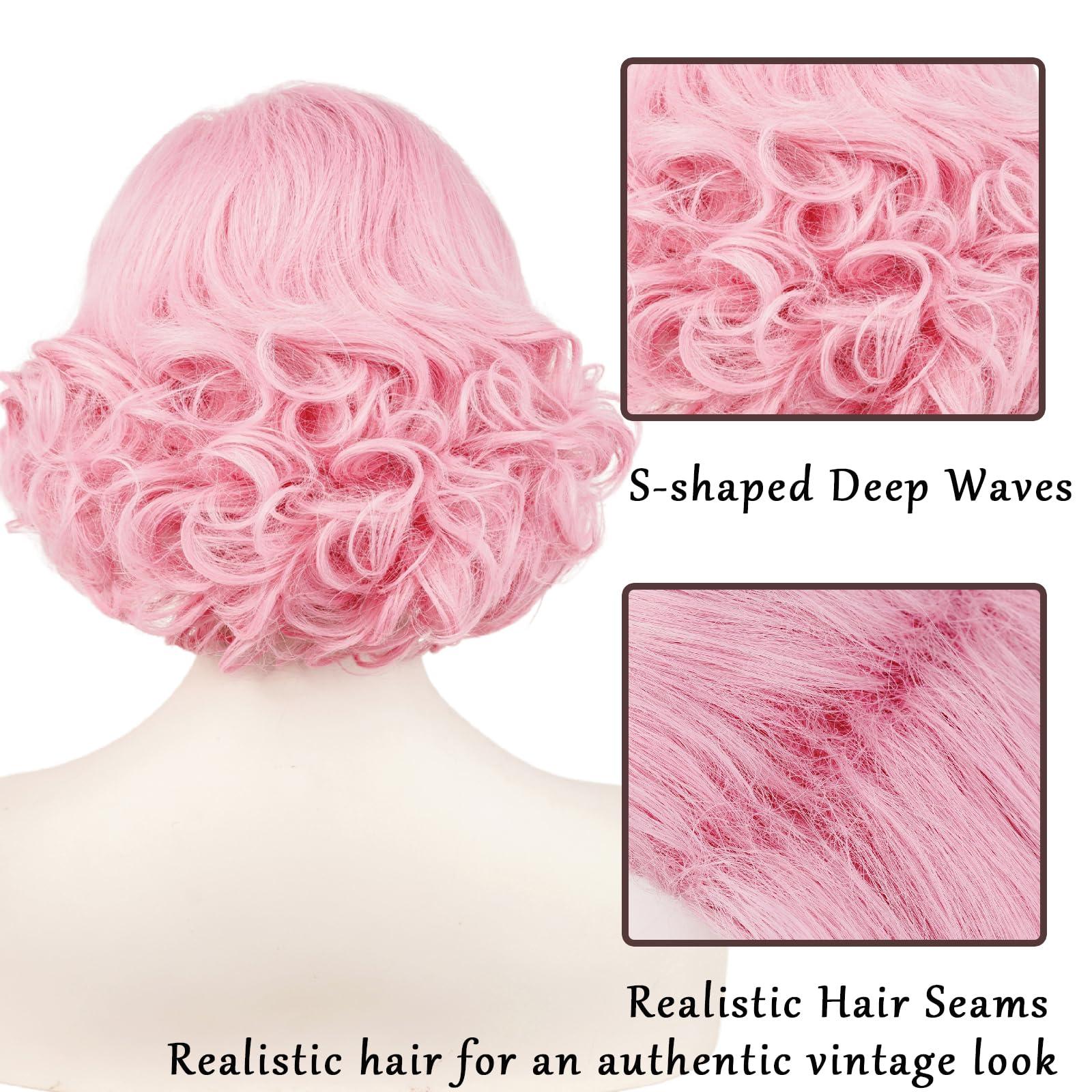 Wiggy Mermaid Short Pink Curly 1920s Wig for Women Adult, 50s Frenchie Wig Pink Bob Finger Wave Wig for Pink Ladies,Roaring Flapper Synthetic Hair Wig + Wig Cap for Halloween Costume Party Cosplay