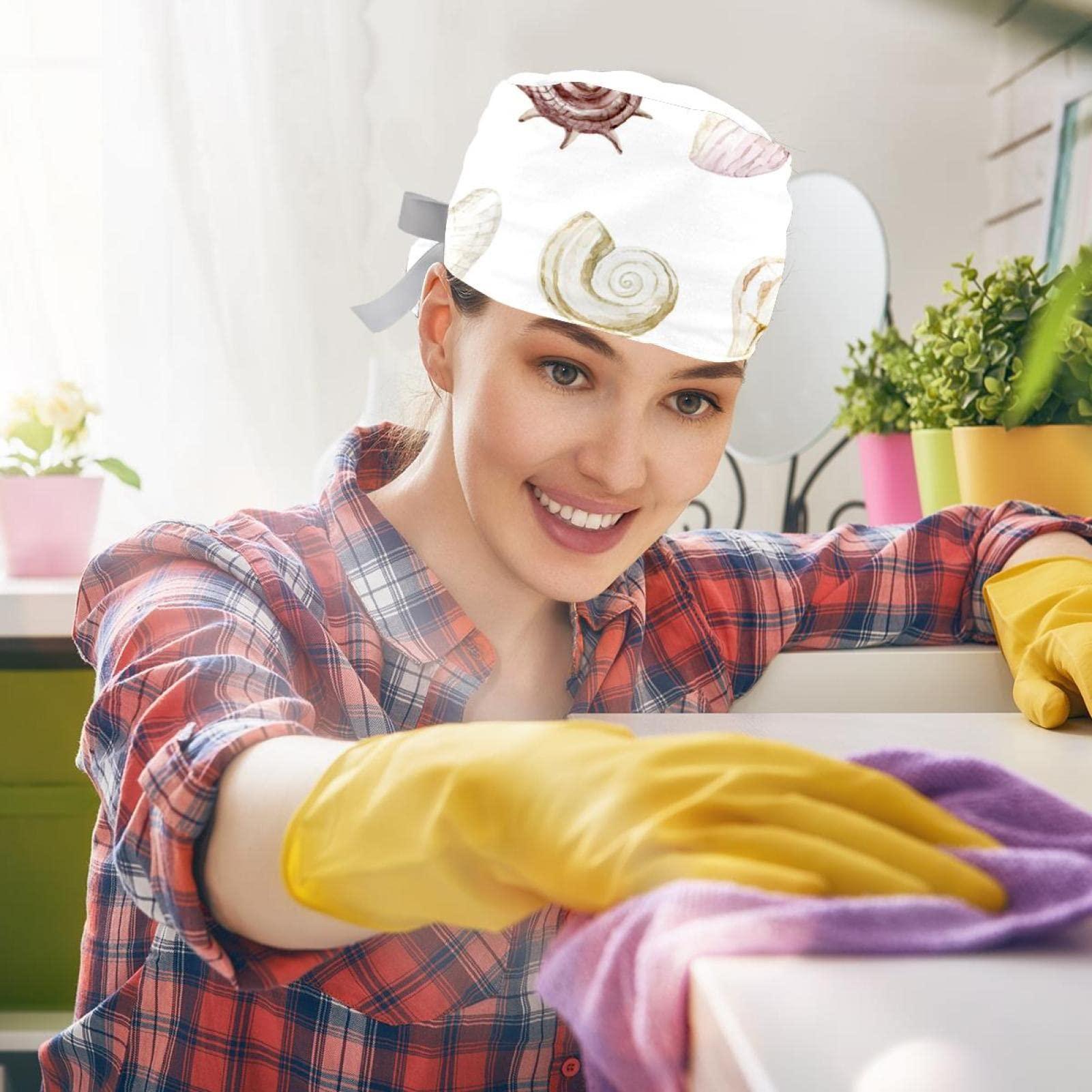 Lyetny Set of Shells Graphic Scrub Caps Hats Women Bouffant Working Hat Ponytail Holder for Women Long Hair Covers 2PCS