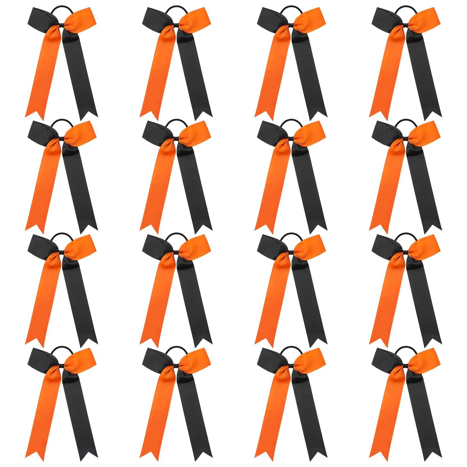 DEEKA DEEKA 16 PCS Collegiate Style Ponytail Holders - Long Tail Skinny Handmade Bows for Girls, Teens, Softball, Cheerleaders - Orange/Black
