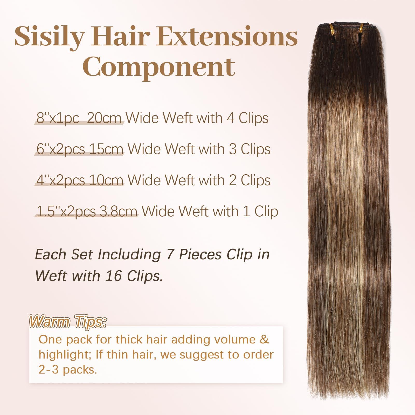 Sisily Sisily Clip in Hair Extensions Real Human Hair, Premium Human Hair Clip in Extensions Chocolate Brown to Blonde Balayage, Soft Straight Hair Extensions Real Human Hair Clip ins 7PCS 20 Inch